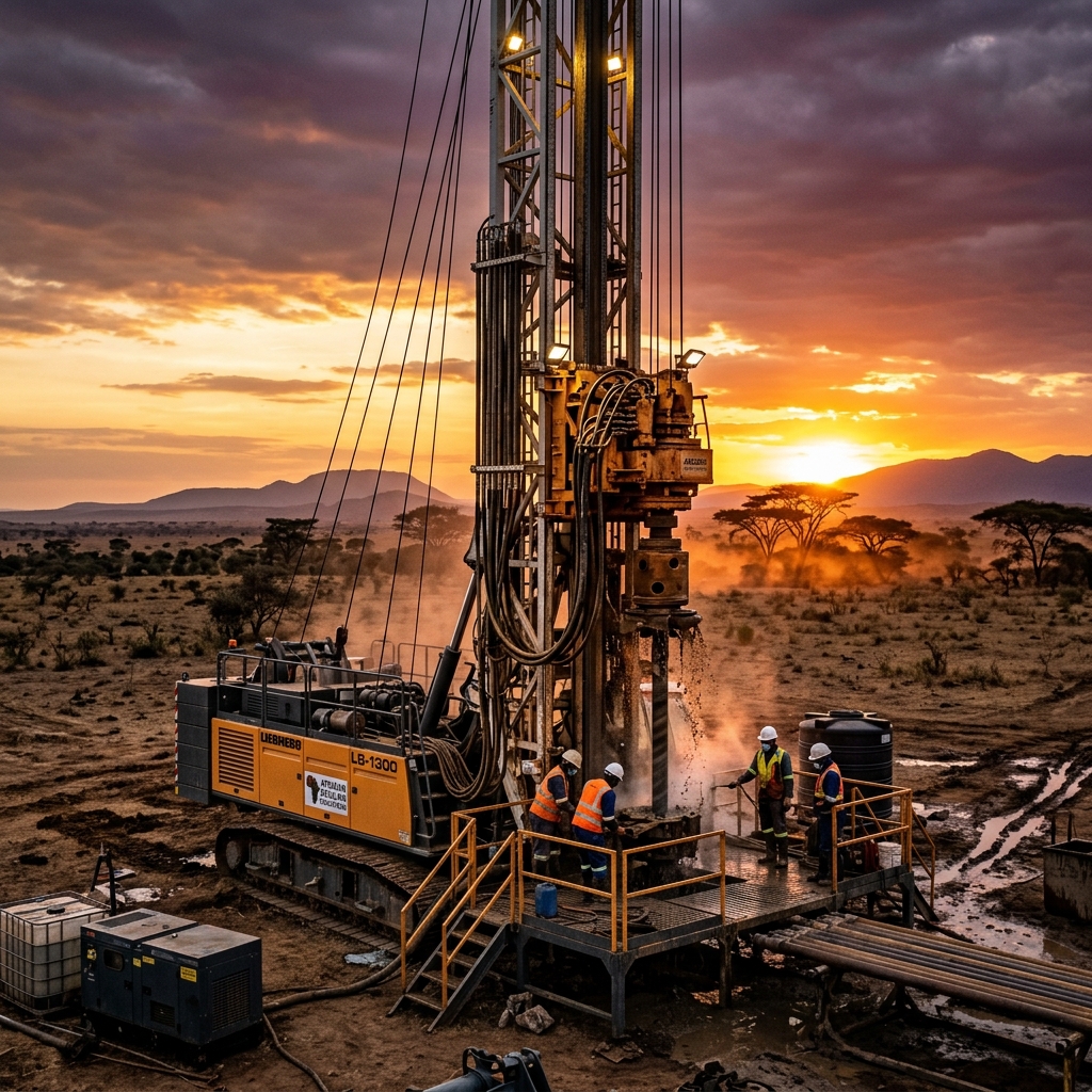 Massive modern borehole drilling rig at sunset